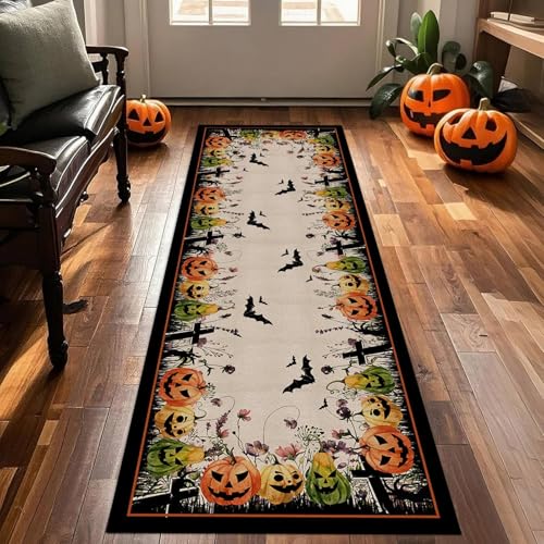 ZLXMN Fallen Dekor KüRbis Halloween LäUfer Teppich,80x300cm,Rutschfester Schwarzer SchläGer Muster Waschbare Halloween-KüChenmatte,Leicht Zu Reinigen Farbecht HallenläUfer füR WaschküChe von ZLXMN