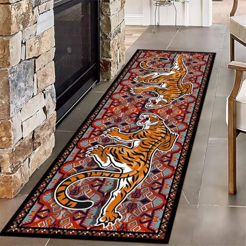 ZLXMN Fierce Tibetan Tiger LäUferin Teppiche,80x300cm,Boho Flur Lange FußMatte Flur, NachttischläUfer TeppichläUfer,Faltbarer Waschbarer KüChenteppich Eingangsbereich Innenbereich von ZLXMN