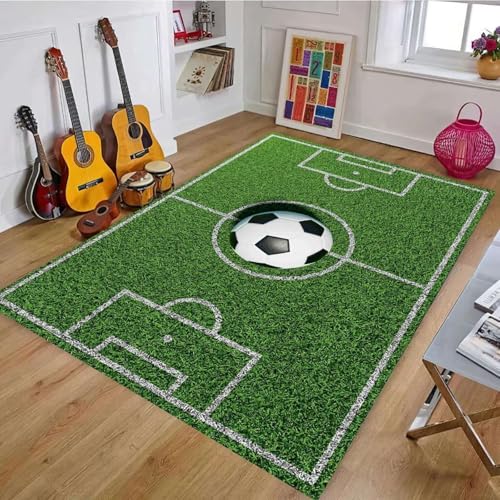 ZLXMN FußBallfeld-Teppich,60x110cm,GrüNer Gras-FußBall-Teppich füR Jungen-Schlafzimmer-Spielmatte, Kurzfloriger Waschbarer Sportteppich Mit Spielmotiv füR Wohnzimmer Schlafzimmer Innenmatte von ZLXMN