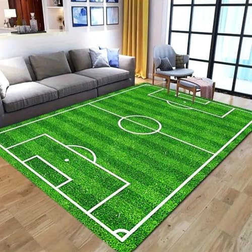 ZLXMN FußBallfeld-Teppiche,180x300cm,GrüNer Gras-Sportplatz Spielteppich füR Jungenschlafzimmer Rutschfester Kurzfloriger Waschbarer FußBallteppich füR Wohnzimmer Teenager-Spielzimmer-Akzent von ZLXMN