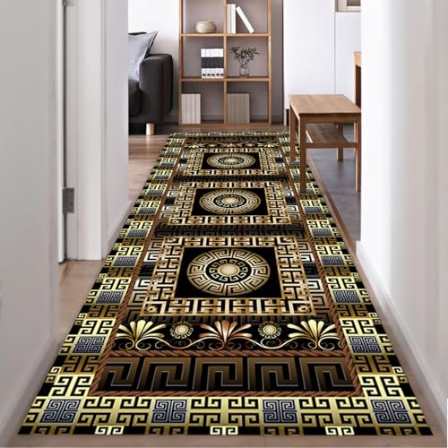 ZLXMN Griechisch TeppichläUfer füR Flure, 60x200cm,Schwarz-Goldener Griechischer SchlüSsel Lange Innenmatten füR KüChe Korridor Eingangs rutschfeste Maschinenwaschbarer LäUfer von ZLXMN