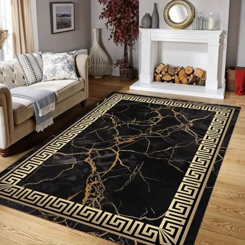 ZLXMN Griechischen SchlüSselstil Marmor-Teppich,60x90cm,Retro Abstrakt Schwarzgold Kleine Matten GroßE Teppiche füR Schlafzimmer Wohnzimmer Kurzflorig Waschbar Weich Nachttischvorleger Bodenteppich von ZLXMN