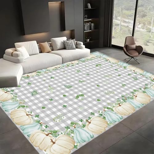 ZLXMN Herbstdekor KüRbis FläChenteppich, 140x200cm,Herbst-Eukalyptusblatt-BüFfelkaro-Teppich, Thanksgiving-Heimdekor Langlebige Waschbare Matte füR Schlafzimmer Innenmatten füR HintertüR von ZLXMN