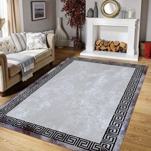 ZLXMN Klassischer Griechischer Teppich,160x200cm,Extragroß füR Schlafzimmer Vintage-Geometrie Bereichsteppich,Schmutzabweisend Maschinenwaschbar, Schwarzer Teppich füR Wohnzimmer Schlafzimmer von ZLXMN