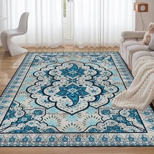 ZLXMN Klassischer Orientalischer Teppich 60x110cm Traditioneller Vintage-Teppich Blau Boho-Stil Weicher Kurzflor Wohnzimmer Waschbar Matten füR Schlafzimmer Groß Und Klein In von ZLXMN