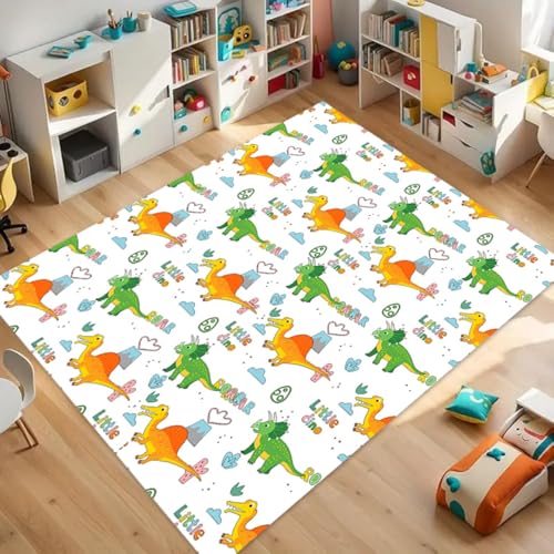 ZLXMN Kleiner Dinosaurier-Teppich,70x140cm BrüLlende Cartoon-Dinosaurier-Spielmatte, LichtbestäNdig, Waschbar, Buntes Tiermuster, Nachttischteppiche füR Schlafzimmer, Kinderzimmer von ZLXMN
