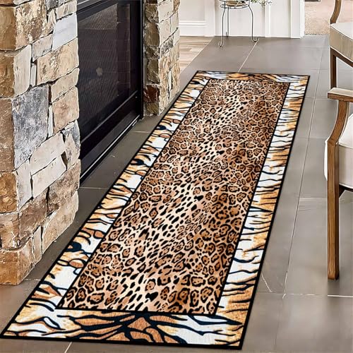 ZLXMN LäUferteppiche Mit Leopardenmuster,60x200cm, Brauner Tierdruck FlurläUfer Teppiche Weicher TüRläUfer Matte LäUfer Innenbereich Teppich füR FlurläUfer Rutschfester BodenläUfer von ZLXMN