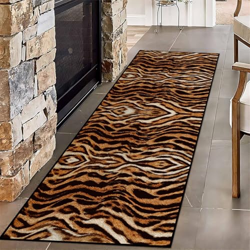 ZLXMN LäUferteppiche Mit Tierhaut-Print FüR Flure,120x300cm, Schwarz-Braune Tigerfell-Streifen Vintage-LäUferteppiche, rutschfest Waschbar füR Den Innenbereich füR KüChe Und Schlafzimmer von ZLXMN