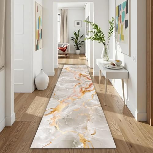 ZLXMN Marmor TeppichläUfer 120x360cm Moderner Abstrakter Flure Teppich Innenakzent Niedrigflorige, rutschfeste, Waschbare LäUferteppiche füR KüChenflurmatten Korridor von ZLXMN
