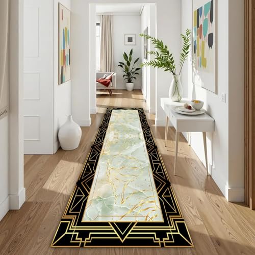 ZLXMN MintgrüNer Marmor LäUferteppiche 60x240cm Moderne Abstrakte Geometrische Klassische BordüRe Flurteppich Waschbar TPR rutschfeste Unterseite SaugfäHig Badematte füR KüChe von ZLXMN