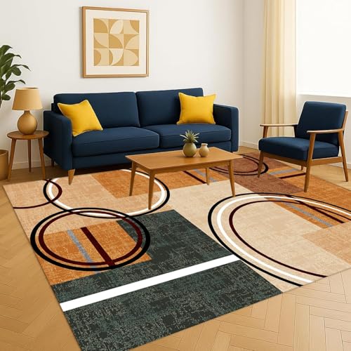 ZLXMN Moderner Patchwork Geometrischer Teppich,70x140cm Schwarz-Weiß-Rotes üBerlappendes Kreismuster Maschinenwaschbarer Wohnzimmerteppich,Weiche Kurzflorige Nachttischteppiche füR Schlafzimmer von ZLXMN