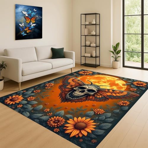 ZLXMN MottenschäDel-Teppich,60x90cm,Orangefarbener Sonnenblumenmond-Wohnzimmerteppich, Gotischer Schlafzimmerteppich Waschbare Matte füR Den Eingangsbereich rutschfeste Innenteppich von ZLXMN