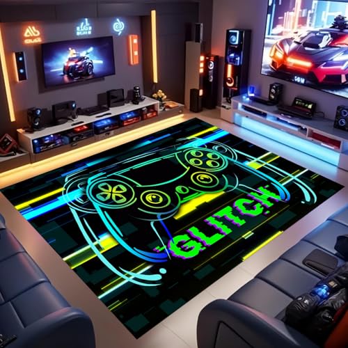 ZLXMN Neon-Game-Controller-Teppich 70x140cm 3D-äSthetischer Glitch-Gaming-Teppich Moderne Coole Spielzimmerdekoration Jungen-Vorleger füR Schlafzimmer Wohnzimmer Waschbare FußMatte Indoor-Lounge von ZLXMN