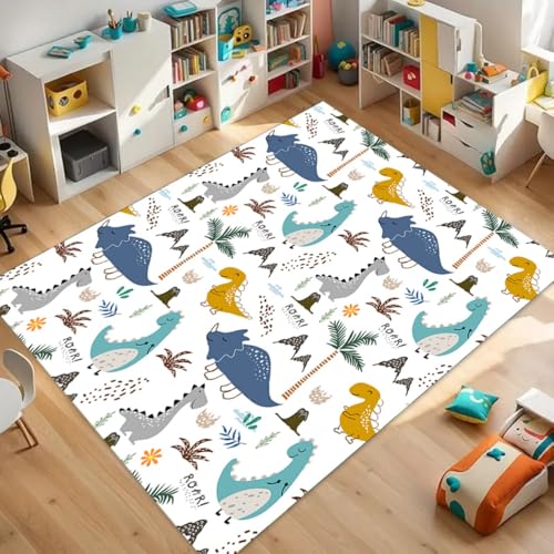 ZLXMN Niedlicher Dinosaurier FläChenteppich, 60x110cm Cartoon-Graffiti VulkangebrüLl, Tyrannosaurus-Design Kreative Spielmatten füR Kinder, Waschbare DüNne Weiche Nachtteppiche füR Schlafzimmer von ZLXMN