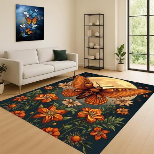 ZLXMN Orangefarbener Teppich Mit Blumenmotiv Und Mottenmotiv,60x90cm,Gothic-Heimdekor Horror-Motten-Teppich, Langlebige Maschinenwaschbare Matte füR Wohnzimmer Schlafzimmer GroßE FußMatte von ZLXMN