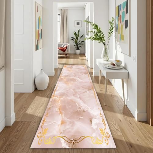 ZLXMN Retro-Stil Mit Goldenem Rand Rosa Marmor LäUfer 80x200cm Modern Waschbar rutschfeste RüCkseite Langer Teppich füR Innenbereich Badezimmer KüChen Flur Gang LäUferteppich von ZLXMN