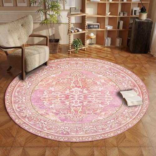 ZLXMN Rosa Runder Teppich 99cm Klassischer Vintage-Boho-Teppich GroßEr Kreis Flächenteppich füR Schlafzimmer Weich Maschinenwaschbar Rosa Blumenteppich füR Wohnzimmer Esszimmer FußMatten von ZLXMN
