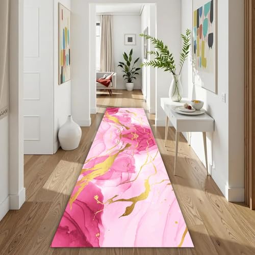 ZLXMN RoséGold Rosa Marmor Extra Lang Flur LäUfer 120x300cm Weich Faltbarer Bettvorleger Teppich Kurzflor rutschfest Modern Korridor Vorleger füR Schlafzimmer KüChe Waschbares Pad von ZLXMN