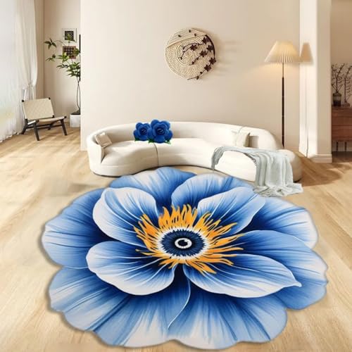 ZLXMN Runder Blumenteppich 180cm Blauer Orchideenteppich Weicher Flauschiger PlüSch Kunstwolle Blumenformen rutschfest Waschbar FußMatten füR Wohnzimmer Schlafzimmer Kreis Badematte von ZLXMN