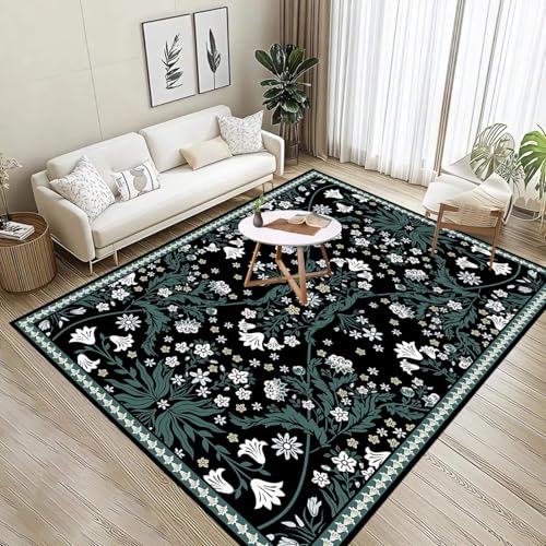 ZLXMN Schwarz Waschbarer Wohnzimmerteppic,120x180ccm,GrüN Vintage Blumenmuster Kurzflor Teppich Extra Groß Weich rutschfest Boho Teppich füR Schlafzimmer Esszimmer Eingang von ZLXMN