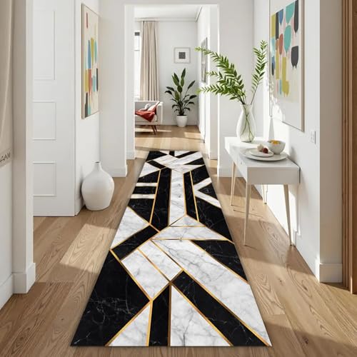 ZLXMN Schwarz WeißEr Geometrischer Marmor LäUfer Teppich 60x180cm Moderner Rutschfester Korridor Teppich Weicher Kurzflor Schmutzabweisend KüChe FußMatten füR Badezimmer Flur von ZLXMN