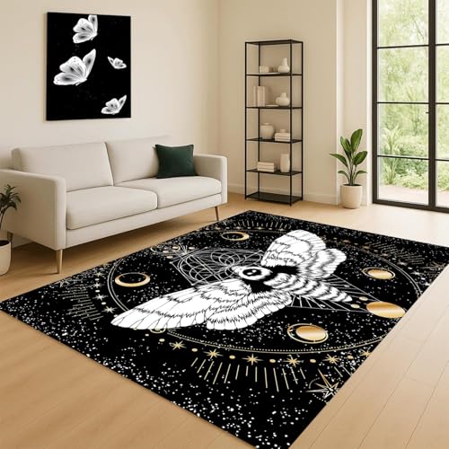 ZLXMN Schwarz-WeißEr Motten-Teppich,60x110cm,Waschbar Mystische Sonne Und Mond Hexen-Teppich Extragroß Niedriger Flor StrapazierfäHige Innenmatte füR Wohnzimmer Schlafzimmer von ZLXMN