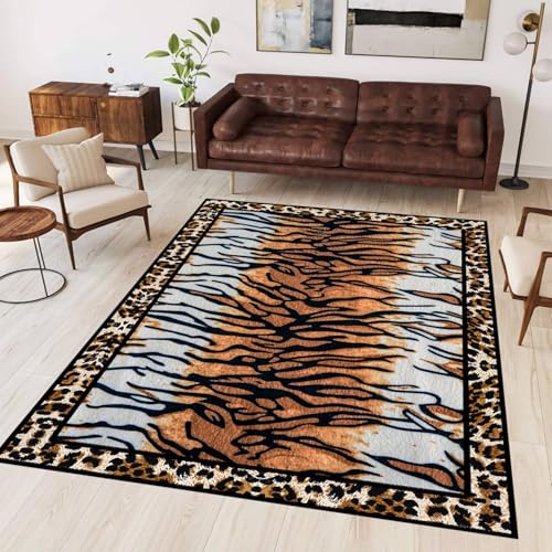 ZLXMN Sexy Leopard Tiger Print Teppiche,180x260cm,Vintage-Stil Tierhaut-Print in Schwarz und Braun Waschbarer niedriger Flor Teppich für Wohnzimmer Schlafzimmer Rutschfester Teppich von ZLXMN