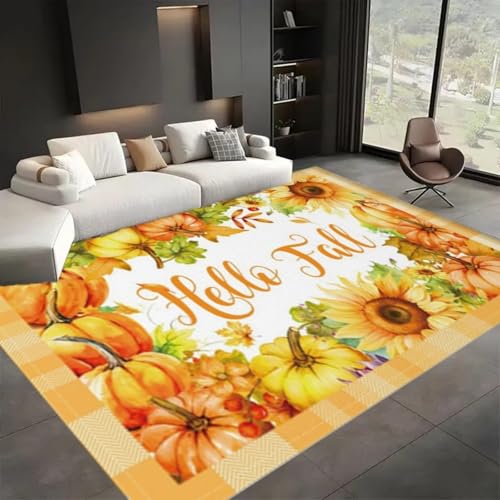 ZLXMN Teppich „Hello Fall Thanksgiving“,180x260cm, Wohnzimmerteppich Im Bauernhausstil Mit KüRbisernte, Kurze, Fusselfreie, Maschinenwaschbare Matte füR Wohnzimmer, Esszimmer, DüNne FußMatte von ZLXMN