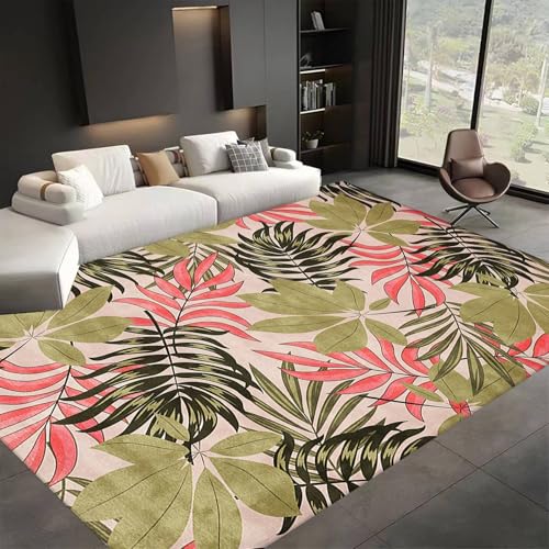 ZLXMN Teppich BläTterteppich Rosa Und GrüN,60x110cm,Tropische Pflanzendrucke GroßE, rutschfeste FußMatte füR Eingangsbereich Wohnzimmer,Schlafzimmerbett von ZLXMN