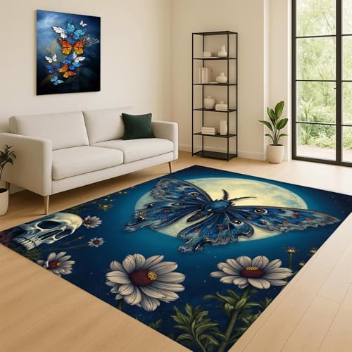 ZLXMN Teppich Mit Mondblumen,80x150cm,MottenschäDel,Maschinenwaschbar füR Den Wohnbereich füR Nachttisch füR Schlafzimmer Flur Blauer Teppich, Kurze StrapazierfäHige Innenmatte von ZLXMN