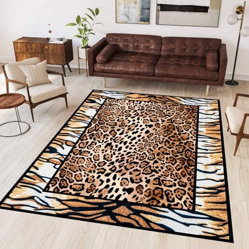 ZLXMN Teppich Mit Sexy Tiger- Und Leopardenmuster,180x300cm,Retro-Stil Schwarzbraun Tierhaut-Druck Waschbarer FußMatten Niedriger Flor Wohnzimmer Rutschfester Teppich füR Schlafzimmer von ZLXMN