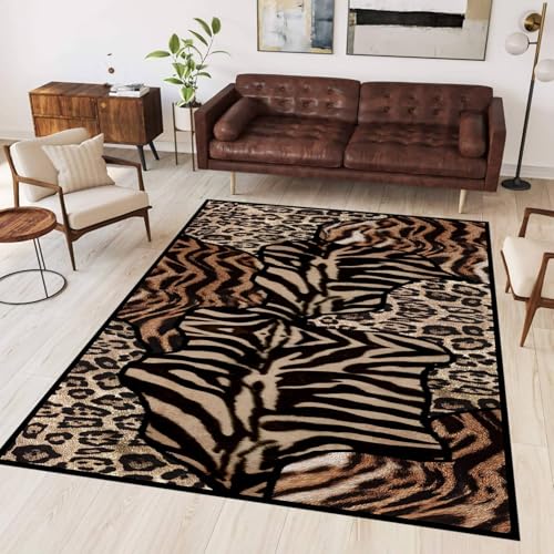 ZLXMN Teppich mit Tiger- und Leopardenmuster, 100x150cm,Retro-Wohnzimmerdekoration Patchwork-Bodenteppich mit Tierfell-Print rutschfest, waschbar dekorativer Western-Schlafzimmerteppich von ZLXMN