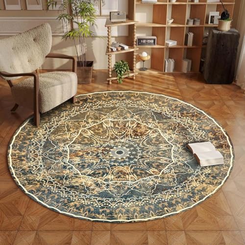 ZLXMN Traditioneller Runder Teppich 200cm Kurzer Flor Waschbar Blumenmedaillon Vintage-Teppiche Weich StrapazierfäHig Bettvorleger füR Schlafzimmer, Innenmatten füR HintertüR VordertüR Eingang von ZLXMN