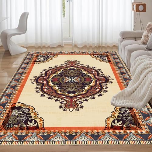 ZLXMN Traditioneller Wohnzimmer Beiger Teppich 100x150cm Retro Klassisch Teppich Groß Atmungsaktiv Waschbar Schlafzimmer Matten füR Esszimmer StrapazierfäHige Innenmatte von ZLXMN