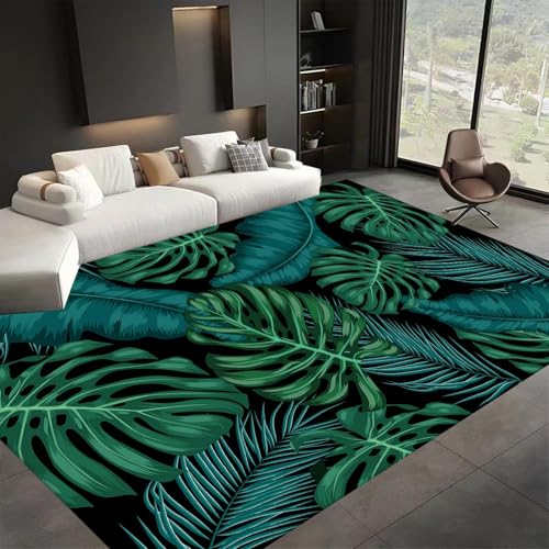 ZLXMN Tropischen BläTtern GrüNer Teppich,60x90cm, ABananenpalmenbläTter Dschungelteppich,Kurze Flor rutschfest, Maschinenwaschbar Teppich füR Wohnzimmer Schlafzimmer FußMatten von ZLXMN