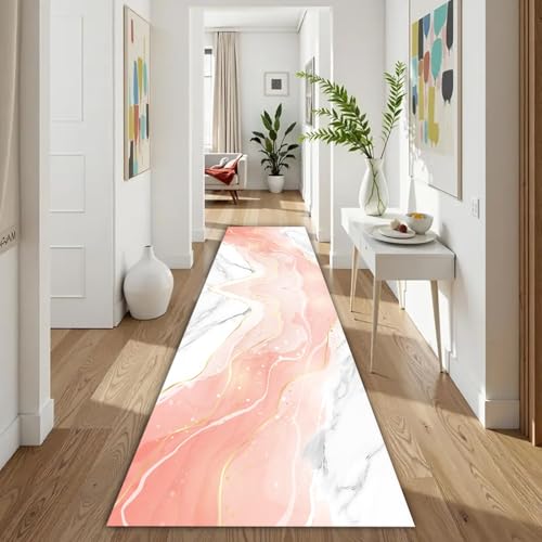ZLXMN Waschbarer Marmor LäUfer Teppich 120x360cm Rosa Und Weiß Halle Teppich UltradüNne Rutschfester Flanellmaterial Flur Teppich LäUfer for Schlafzimmer Bettvorleger von ZLXMN