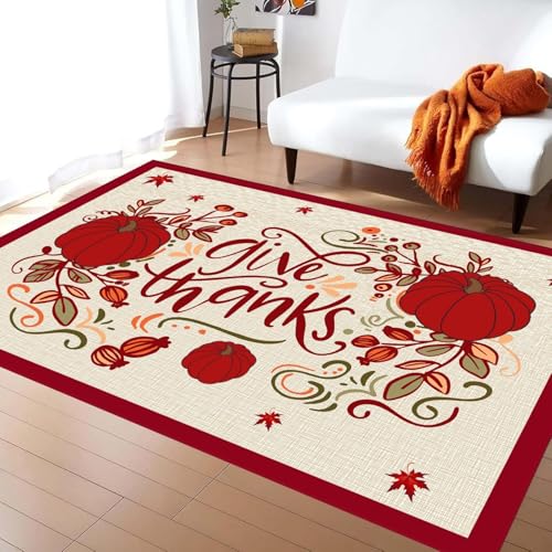 ZLXMN Waschbarer Rotem KüRbismotiv Teppich, 180x230cm,Give Thanks Teppiche füR Schlafzimmer GroßEs Wohnzimmer Kurzfloriger Bodenteppich füR Eingangsbereich rutschfeste FußMatten von ZLXMN