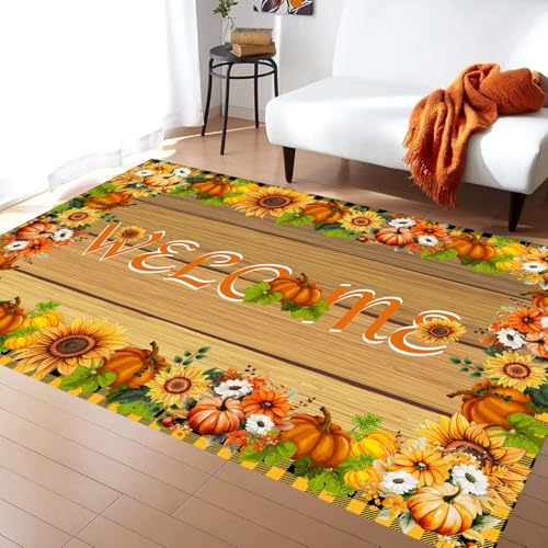 ZLXMN Waschbarer Teppich,140x200cm,Welcome Fall, GroßEr Bauernhaus-Wohnzimmerteppich Sonnenblumen-KüRbis-Motiv Rutschfester RüCkseite Kurzflorige Innenmatten füR HintertüR Eingangsbereich von ZLXMN