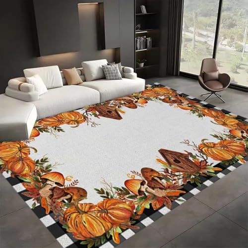 ZLXMN Waschbarer Teppich Mit Herbst-Vogelhaus-Pilz-KüRbis-Druck, 60x110cm,Herbst-Heimdekor, Hanksgiving, GroßE Teppiche FüR Wohnzimmer, Lounge, rutschfeste FußMatten füR Innenbereich von ZLXMN