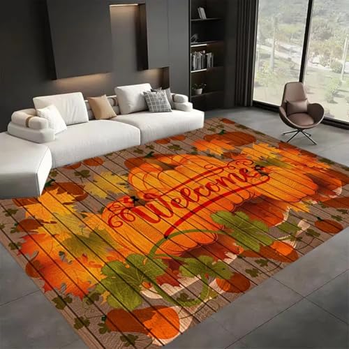 ZLXMN Willkommen KüRbis-Herbst-Teppiche Gegend 140x200cm Thanksgiving Schlafzimmerdekor KüRbis-Teppich, Fallen Dekor Kurze Flusen Faltbar rutschfest Nachttischvorleger füR Schlafzimmer Innenmatte von ZLXMN