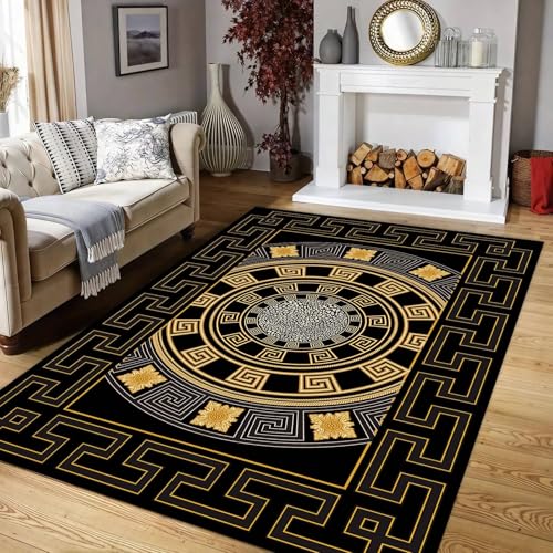 ZLXMN Wohnzimmer Klassische Griechische Teppiche,160x230cm,Retro Geometrisch Waschbar Schwarz füR Schlafzimmer, Weicher Druck Griechischen SchlüSselstil Farbecht Lounge-üBerwurf Teppichmatte von ZLXMN