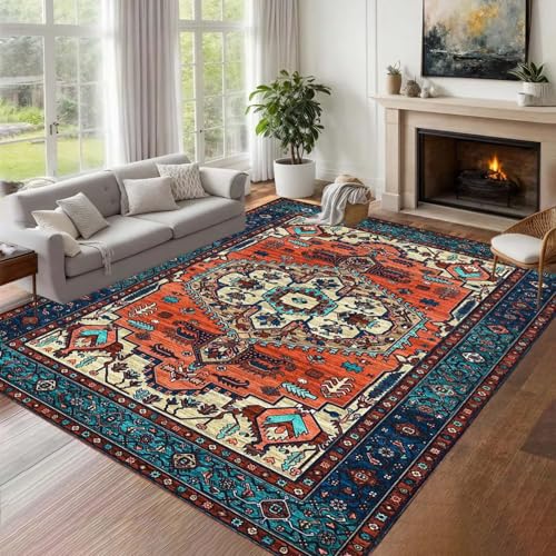 ZLXMN Wohnzimmer Waschbare Teppiche 160x230cm Vintage Boho-Stil Terrakotta Traditioneller Orientteppich Kurzflorig Weich rutschfest FläChenteppich füR Schlafzimmer KüChe Flanellteppich von ZLXMN