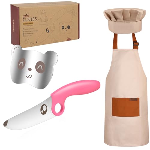 ZLemma Kindermesser-Set für echtes Kochen mit Schürze und Kochmütze – Kinder-Trainingsmesser mit Lernring – Rosa von ZLemma