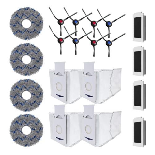 ZLiT 4 Wischtücher + 4 Paar Seitenbürsten + 4 Staubbeutel + 4 Filter für Ecovacs T30 Pro Max Staubsauger Bruch Mop Tuch Staubbeutel Filteraufsätze (1) von ZLiT