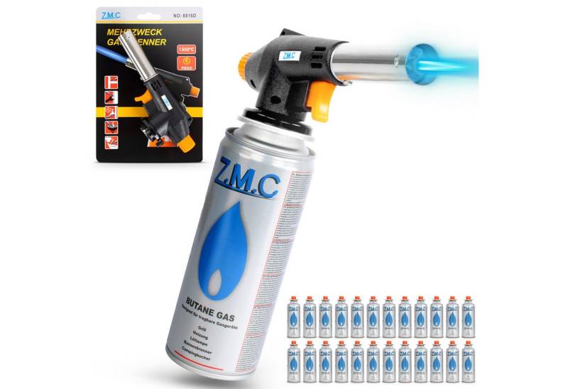 ZMC Flambierbrenner Gasbrenner Gasanzünder Lötbrenner mit Piezozündung + Gaskartuschen, (Temperatur von bis zu 1300 ° C, Einstellbare Flamme, Piezo-Zündung, Kohleanzünder Flambierbrenner Butangasbrenner, 24-tlg), Brenneraufsatz Gasbrenner Flambiergerät Lötbrenner Gasanzünder von ZMC