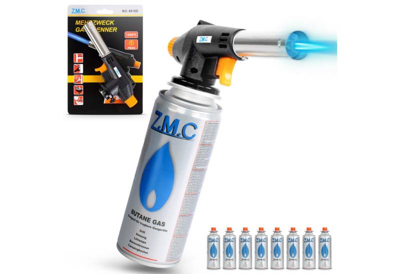 ZMC Flambierbrenner Gasbrenner Gasanzünder Lötbrenner mit Piezozündung + Gaskartuschen, (Temperatur von bis zu 1300 ° C, Einstellbare Flamme, Piezo-Zündung, Kohleanzünder Flambierbrenner Butangasbrenner, 8-tlg), Brenneraufsatz Gasbrenner Flambiergerät Lötbrenner Gasanzünder von ZMC