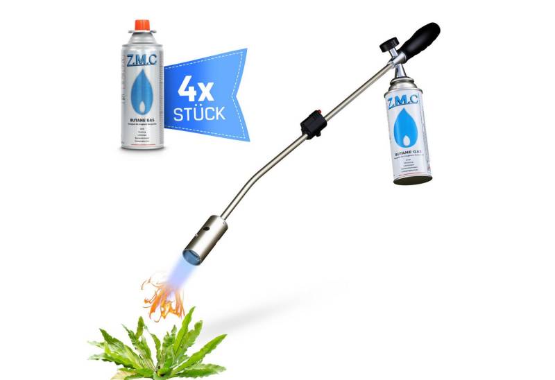 ZMC Flambierbrenner Unkrautbrenner Grillanzünder + 4x Gaskartuschen 227g MSF-1a, (Brenner Kohleanzünder Gasbrenner Unkrautvernichter Bunsenbrenner Lötbrenner Unkrautreiniger Lötlampe Unkrautreiniger), mit Piezo-Zündung Abflammgerät Flammspritzpistole Grillanzünder 2,5 KW von ZMC