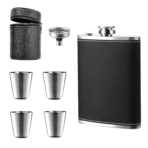 ZMDMAH 1 X 304 Flachmann und Trichter, 4 kleine Tassen, 8oz.227 ml Geeignet Zum Tragen von Alkohol, Aus Edelstahl Flachmann (Schwarz) von ZMDMAH