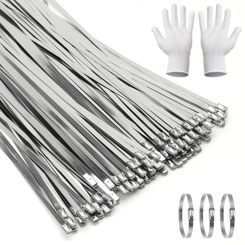 ZMDMAH 100 Stück Edelstahl Kabelbinder, 300 x 4,6 mm Silber Selbstsichernde Metallbinder Edelstahlbinder aus Edelstahl 304, Maschendrahtzaunbinder für Auspuffaufwicklung Kabelbündelung Gartenpflege von ZMDMAH
