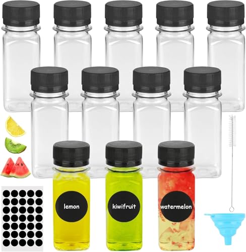 ZMDMAH 12 Stück Kleine Flaschen zum Befüllen, 60 ml Shot Flaschen Wiederverwendbare Plastikflaschen mit Trichter Bürste und Etiketten, Saftflaschen zum Befüllen für Shots Wasser Milch von ZMDMAH